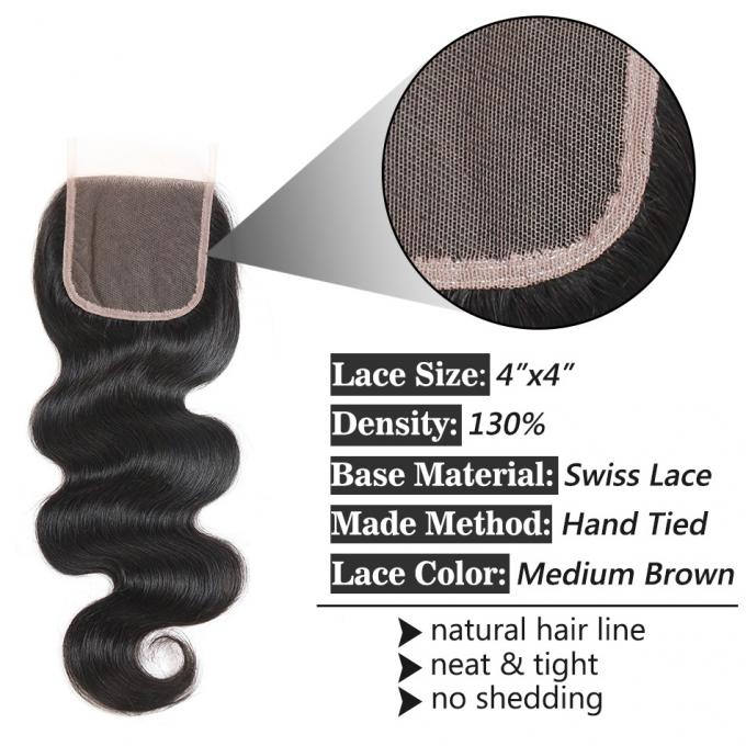 Brazilian Body Wave Swiss Lace Closure 8" to 20" Natural Black Color Virgin Hair Material